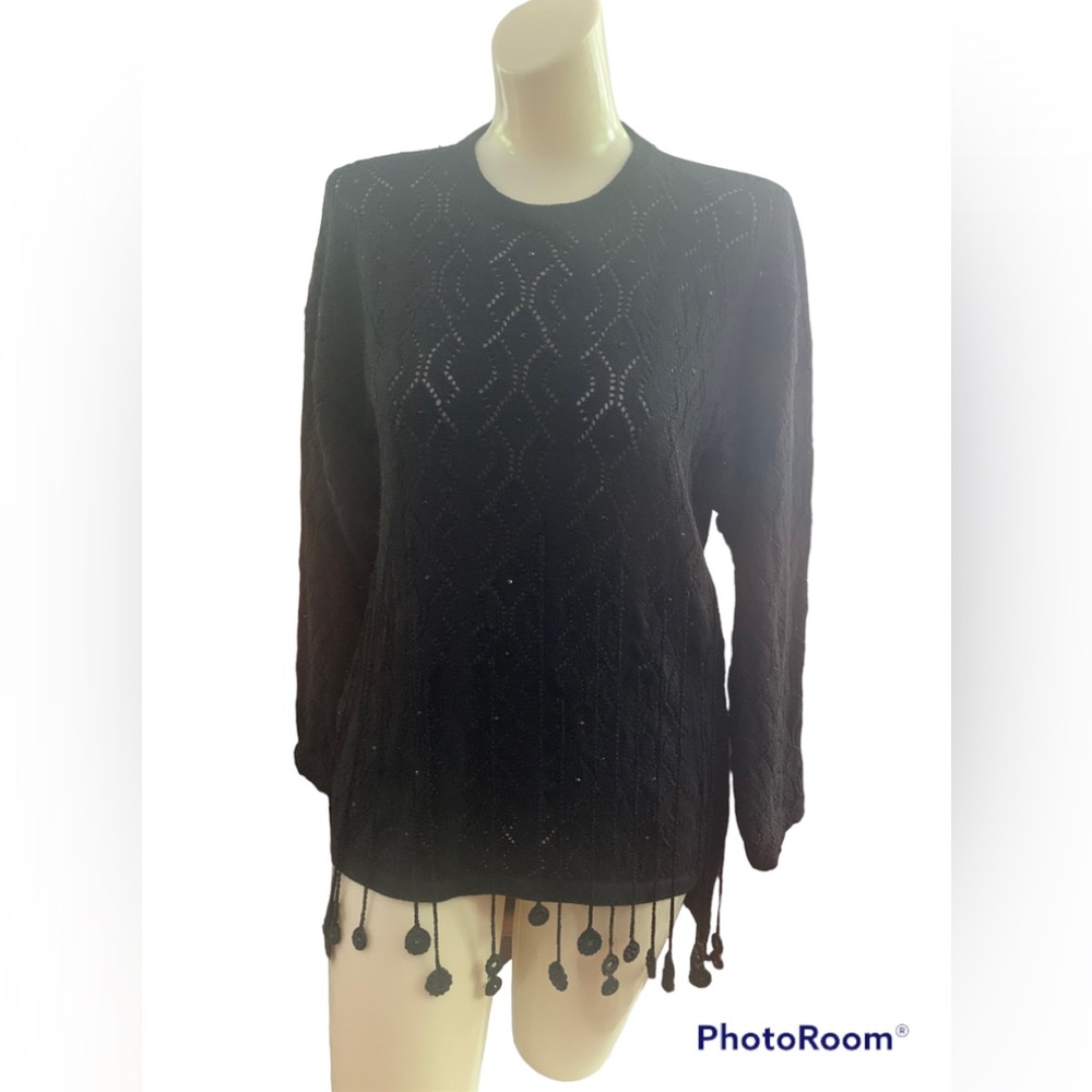 Vintage Cache’ Black Sweater pull over woven fringes Women M